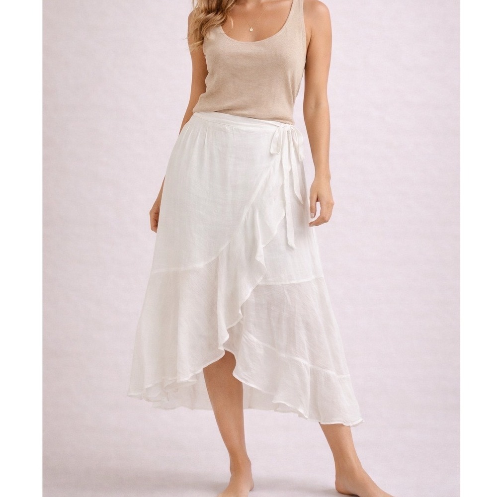 B-Wear White Ruffle Faux Wrap Midi Skirt High Low Smocked Waist Summer Boho L c1